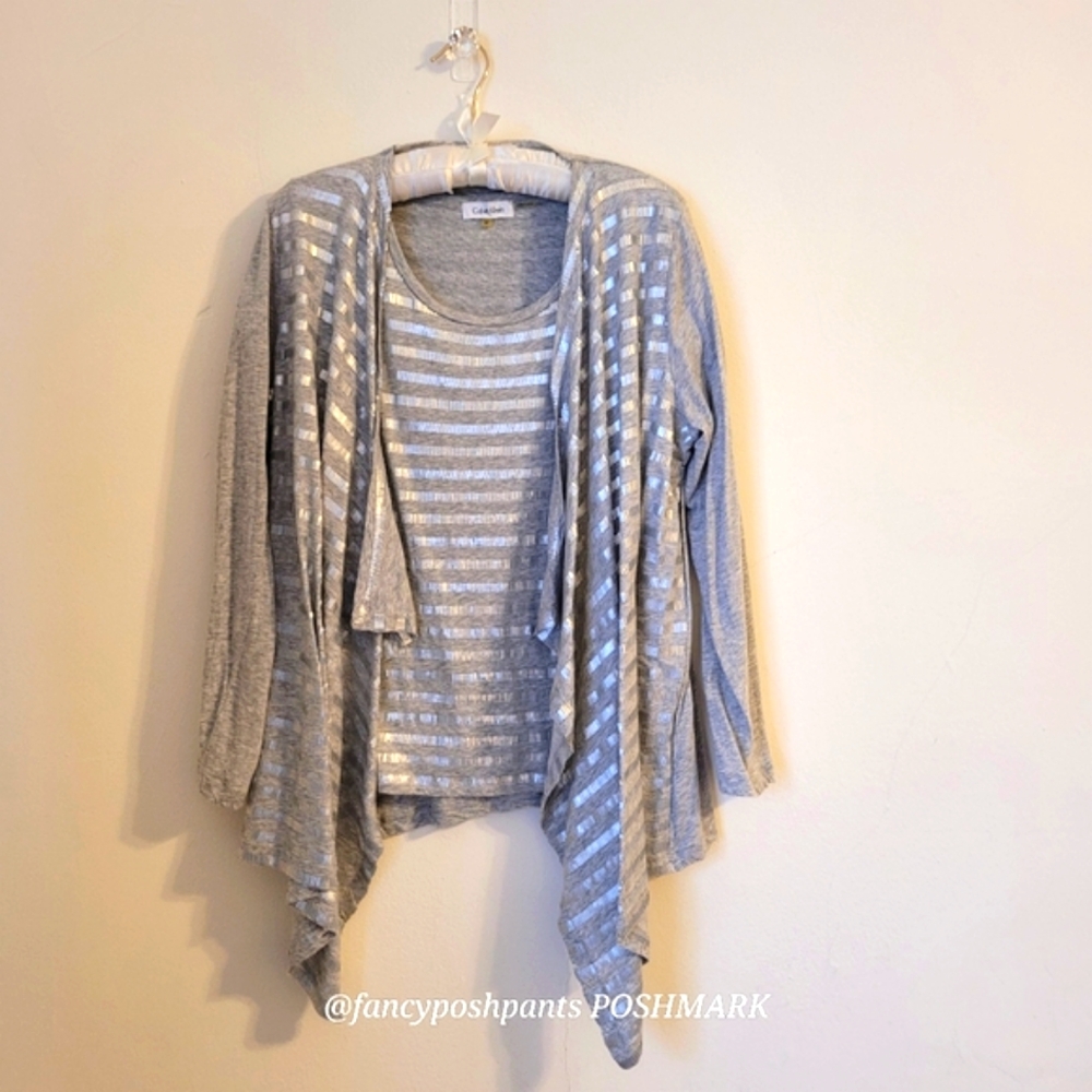 💎Calvin Klein sequin 2 piece twin set 100% cotton fabric shirt top cardigan CK